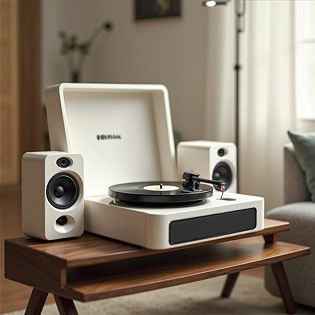 white record player with speakers